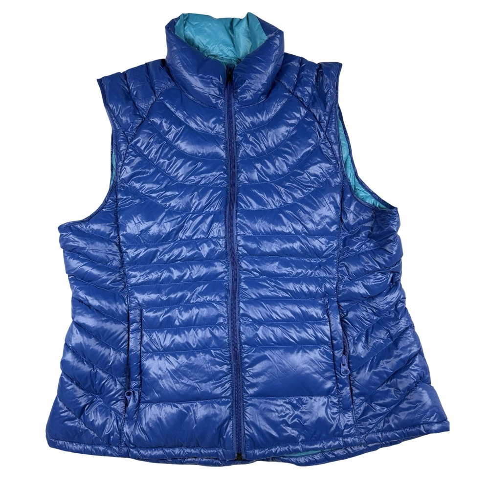 Bernardo Down Puffer Vest Jacket Packable Women L Blue Gorpcore Granola Money